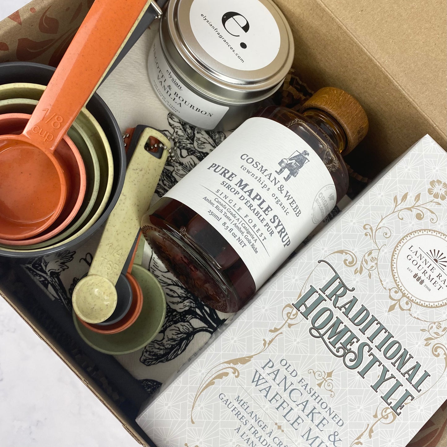 Gift Box "Home for the Holidays" - Apron, Mixing Spoons, Maple Syrup, Pancake Mix, Tea Towel and Candle