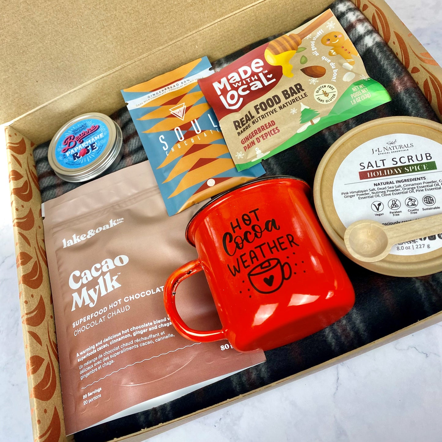 Gift Box "Comfort & Joy" - blanket, cocoa, mug, chocolate, body lotion, body scrub