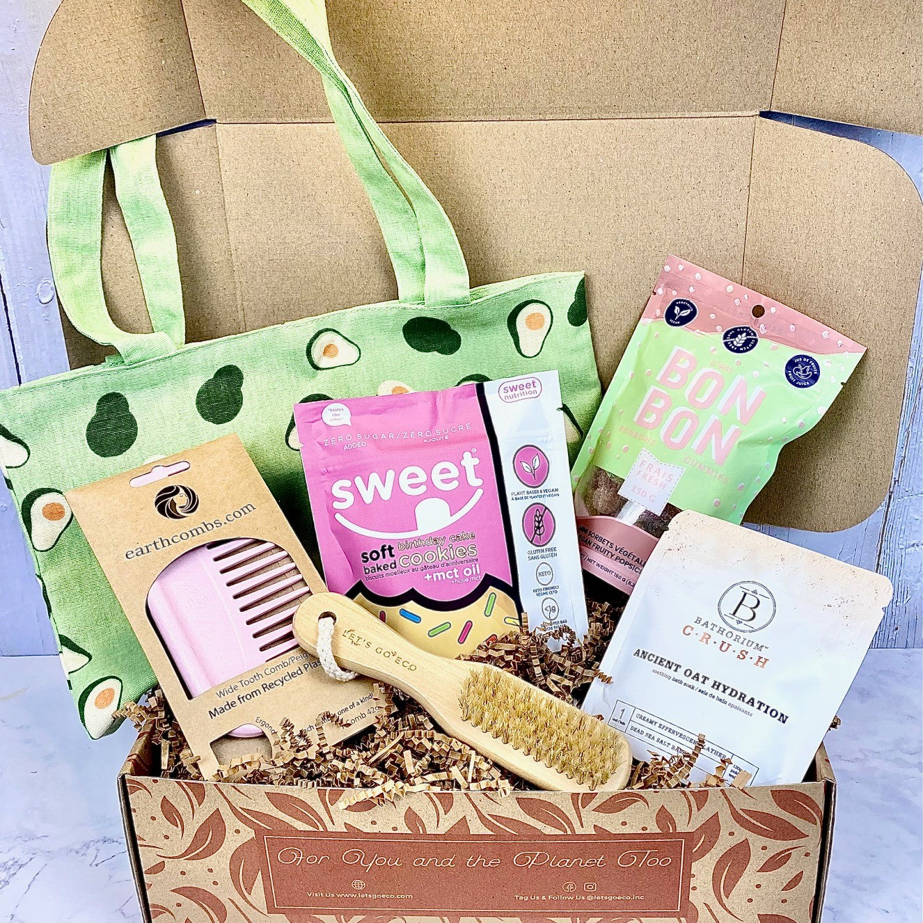 Gift Box "Treat Yourself" - Tote Bag, Bath Soak, Comb, Foot Scrubber, Cookies & Gummies