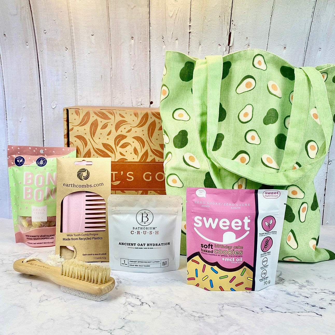 Gift Box "Treat Yourself" - Tote Bag, Bath Soak, Comb, Foot Scrubber, Cookies & Gummies