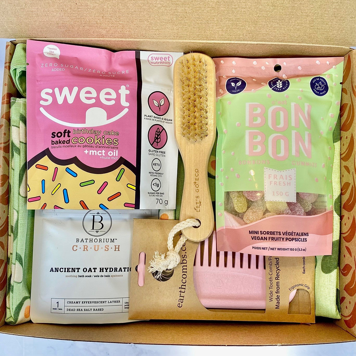 Gift Box "Treat Yourself" - Tote Bag, Bath Soak, Comb, Foot Scrubber, Cookies & Gummies