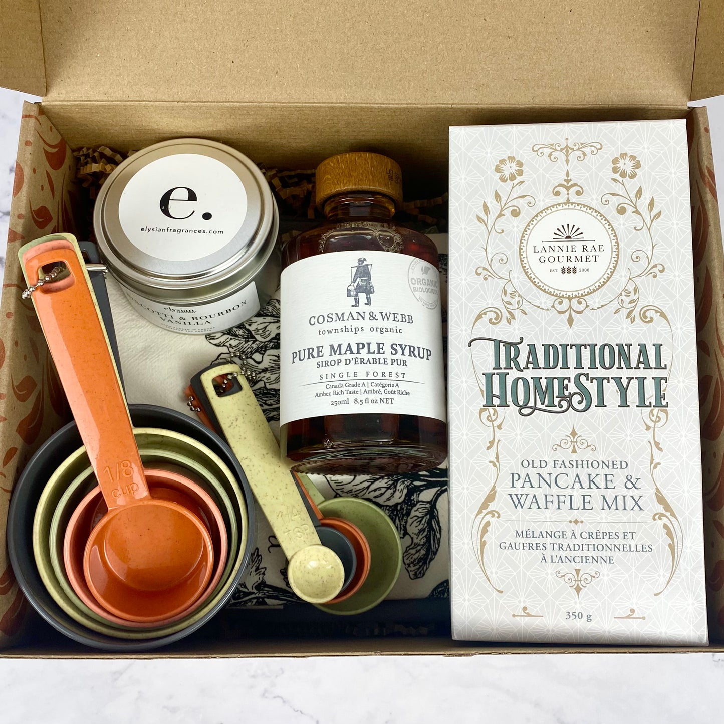 Gift Box "Home for the Holidays" - Charcuterie Board, Maple Syrup, Pancake Mix, Tea Towel and Candle