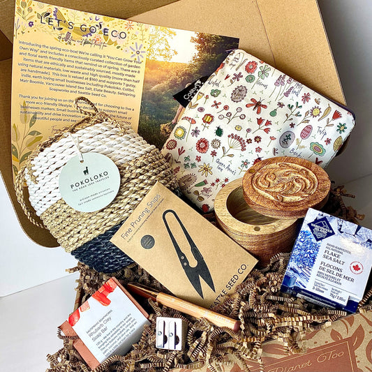 Gift Box "Grow Your Own Way" - snack bag, herb snips, lip pencil, pot basket, sea salt, salt cellar, soap