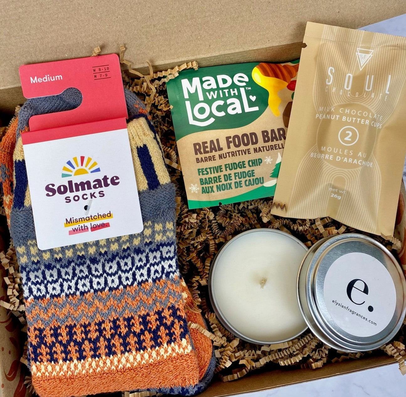 Gift Box "Comfy Cozy" - candle, socks, snack bar, chocolate peanut butter cups *Limited Edition*